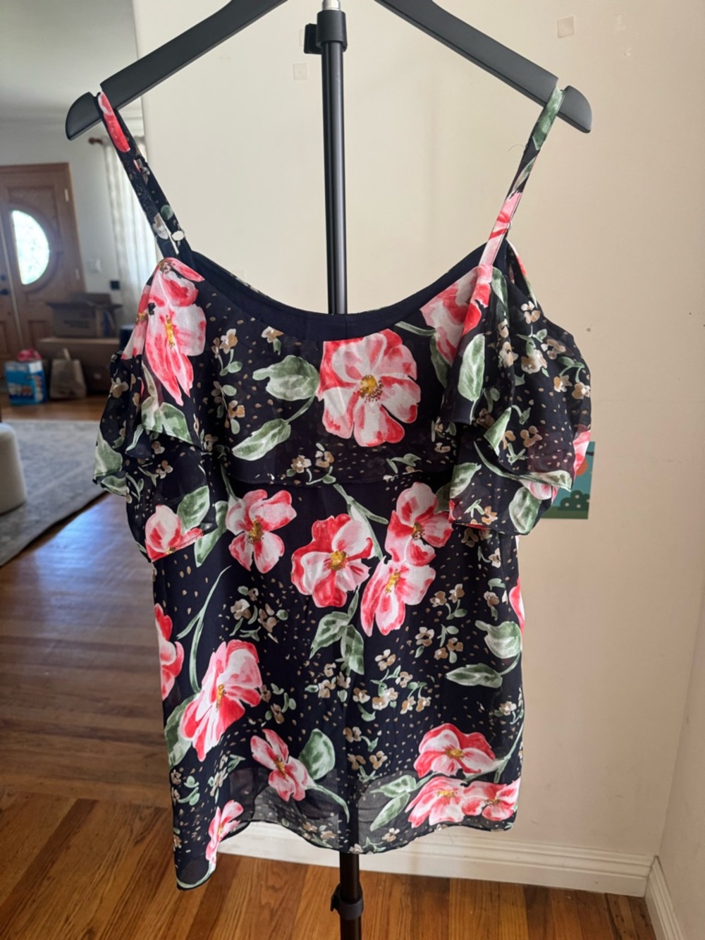 CAbi Black Floral Cold-Shoulder Camisole with Pink Flowers